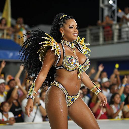 Photograph of a confident, dark-skinned female dancer in a glittery, colorful bikini with elaborate shoulder pieces and jewelry, strutting on a stage