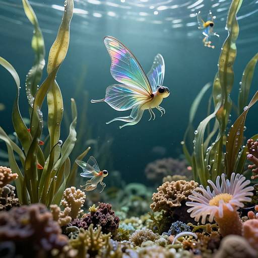 Photograph of a vibrant underwater scene with iridescent butterflyfish, small fish, and corals illuminated by sunlight filtering through the water.