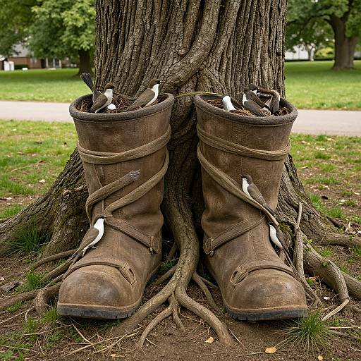 Photograph of worn brown boots with white birds nesting in the laces, ensnared by tree roots in a grassy park.