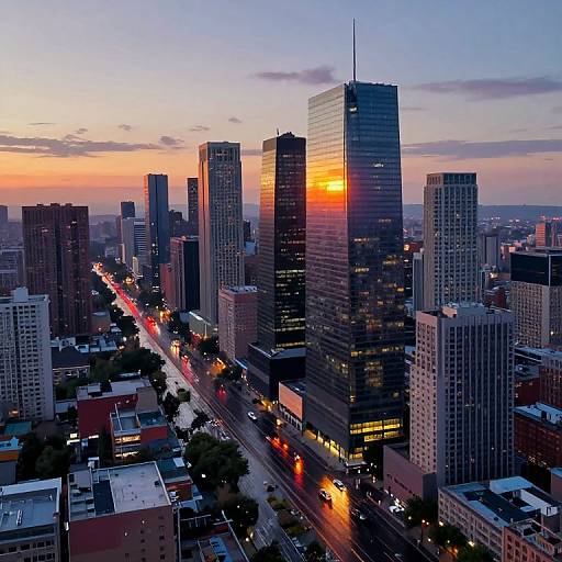 Photograph of a cityscape at sunset, showcasing tall skyscrapers with reflective glass, illuminated streets, and a vibrant orange sun peeking behind the
