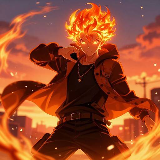 Anime-style digital illustration of a fiery-haired male character with glowing eyes, black jacket, and necklace, standing amid flames at sunset.