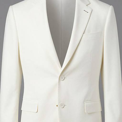 Photograph of a white, single-breasted, tailored blazer with a V-neck, two buttons, and a chest pocket, displayed against a plain