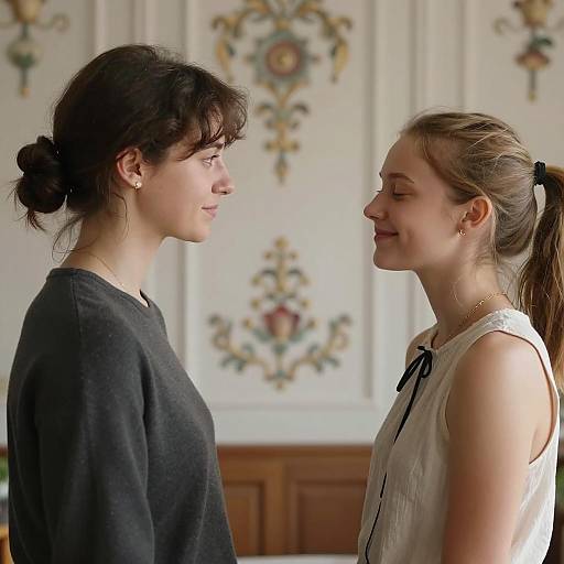 Two Friends in Front of Ornate Wall