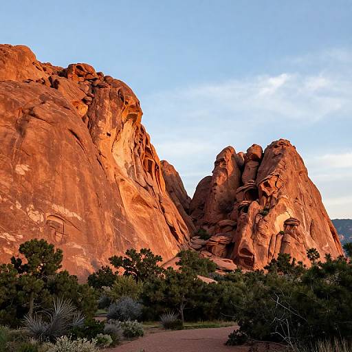 Photograph of a sunlit, rugged desert canyon with towering red rock formations, surrounded by dense green shrubbery and trees, under a clear blue