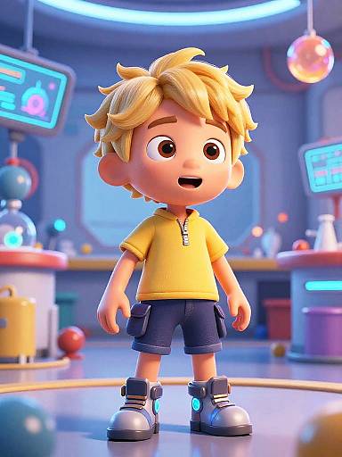 Digital 3D cartoon of a cute blonde boy in a yellow shirt, navy shorts, and black sneakers, standing in a colorful, futuristic lab with