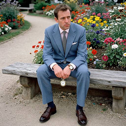 Photograph of a serious, brown-haired man in a blue suit, white shirt, and patterned tie, sitting on a wooden bench in a vibrant