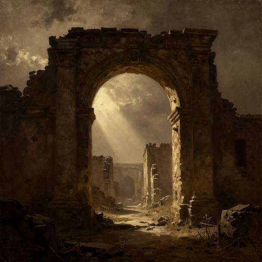 Photorealistic digital painting of a sunlit, ruined stone archway, revealing a decrepit, shadowy castle in the background, with dramatic,