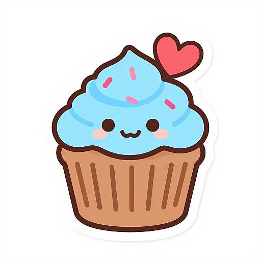 Cute digital drawing of a blue-swirled cupcake with a smiling face, pink blushing cheeks, and a red heart on top.