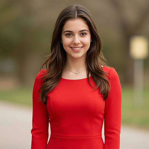 Photograph of a young woman with long dark hair, wearing a bright red long-sleeve dress, smiling, standing outdoors with a blurred green and