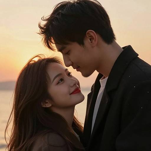 Photograph of an Asian couple at sunset, the man with short black hair and black jacket gazes down at the smiling woman with long brown hair and