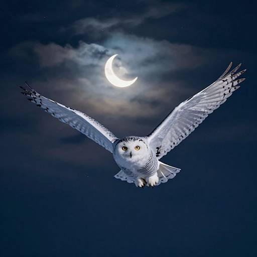 Snowy Owl Soaring Under Moonlight