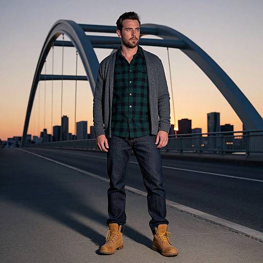Man in Flannel Shirt by City Bridge