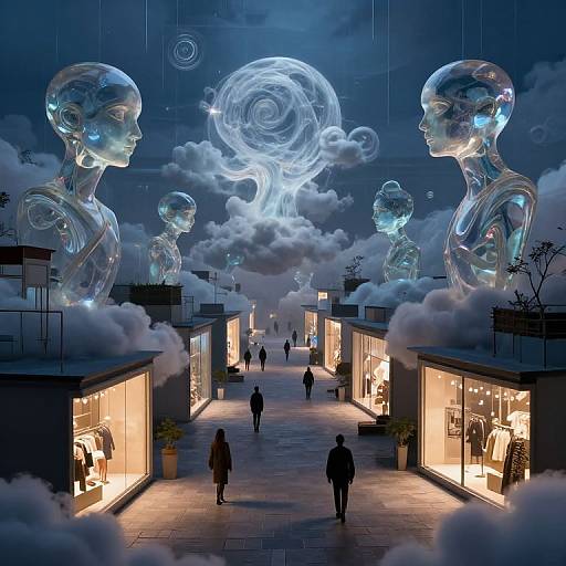 Photorealistic CGI: Night-time shopping mall with glowing, transparent humanoid statues, swirling blue light, and illuminated storefronts, surrounded by clouds.