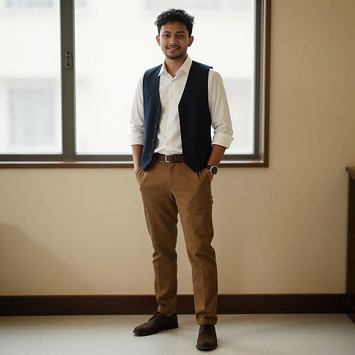 Photograph of a smiling young man with curly hair, wearing a white shirt, black vest, brown pants, and brown shoes, standing in a brightly