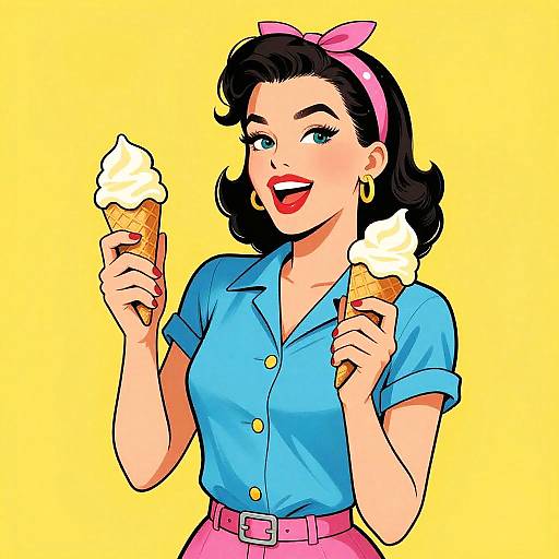 Colorful digital illustration of a 1950s-style woman with black hair, pink bow, blue shirt, pink skirt, holding two ice cream cones