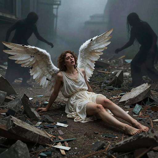 Photograph-style digital art: Angelic woman with white wings and torn dress sits amidst rubble, surrounded by dark, shadowy figures in foggy,