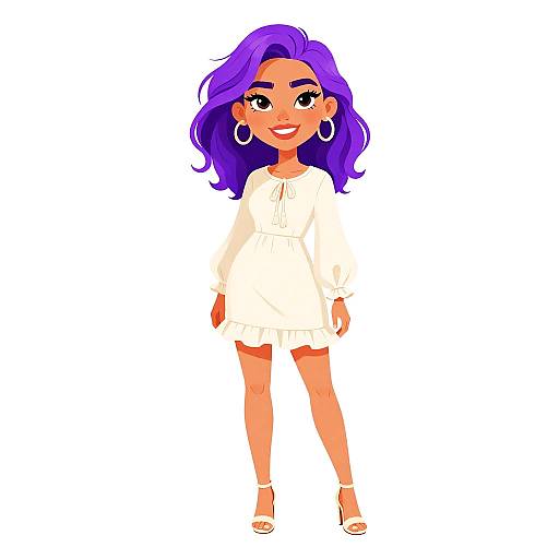 Digital illustration of a cute, smiling woman with vibrant purple hair, wearing a white long-sleeve dress, hoop earrings, and white sandals.