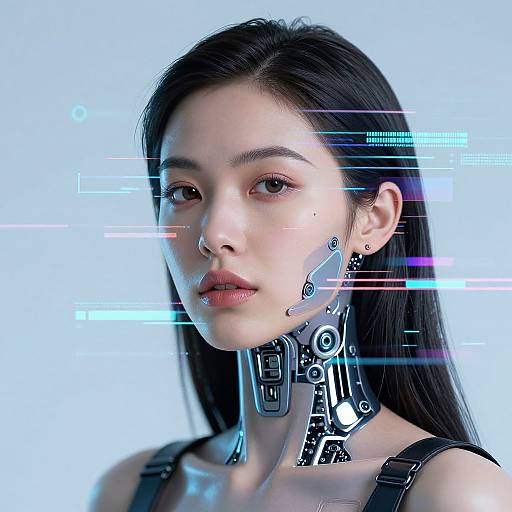 Cybernetic Asian woman with long black hair, futuristic metallic collar, and glowing blue lines on light blue background, digital art.
