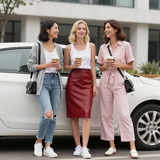 Three Women Holding Coffee by White Car