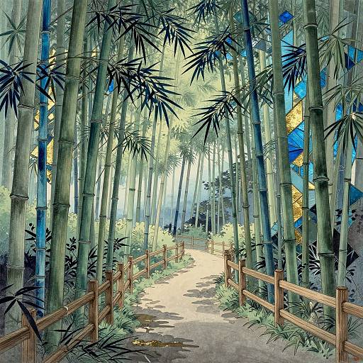 Digital painting of a sunlit bamboo forest path, flanked by tall green bamboo stalks and wooden fences, with dappled sunlight filtering through leaves