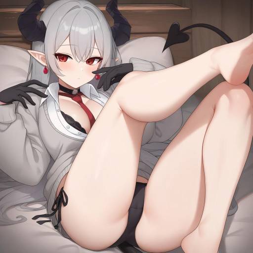 Seductive Demon Girl Lying on Bed