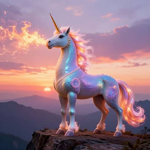 Digital artwork of a shimmering, blue and purple unicorn with glowing spirals, fiery horn breath, standing on a rocky cliff at sunset.