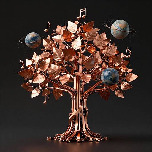 Digital artwork of a glowing, metallic tree with orange leaves, two planet-like orbs, and musical notes on a dark background.