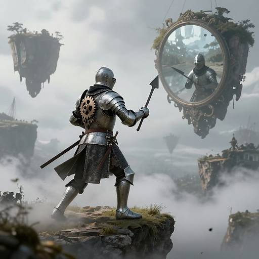 Digital fantasy artwork: A knight in silver armor with a bear patch, holding a spear, stands on a grassy cliff, facing a round mirror showing