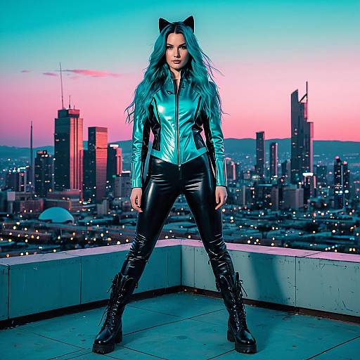 Woman in Teal Leather Catsuit on Rooftop with Cityscape