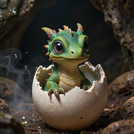 Digital CGI of a cute, green, scaly dragon with large eyes, small horns, and a yellow belly, emerging from a cracked, white egg