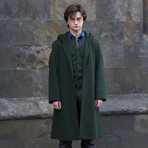 Young Man in Long Green Coat Against Stone Wall