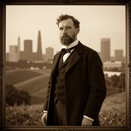 Sepia-toned photograph of bearded, serious-looking man in dark Victorian suit, standing against blurred cityscape background with tall buildings. Framed.