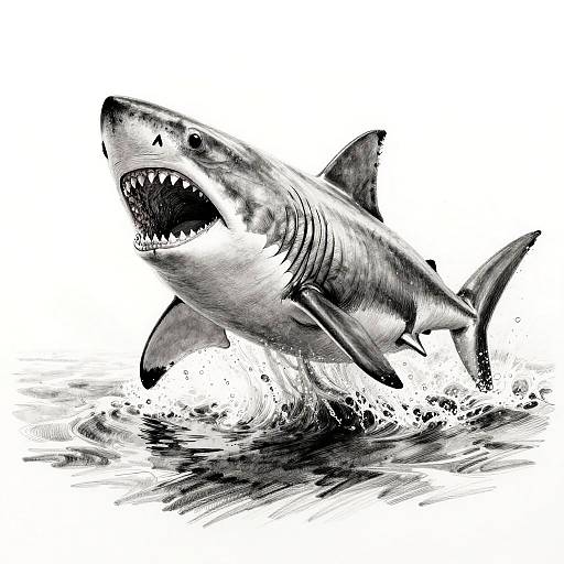Black and white illustration of a fierce, open-mouthed shark leaping out of splashing water, showing detailed scales and sharp teeth.
