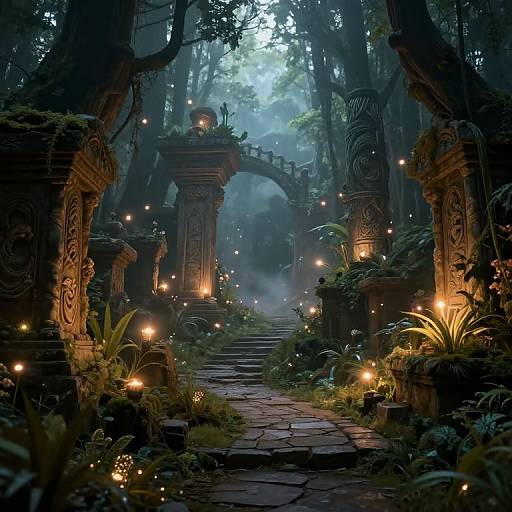 Enchanted forest path leads to ornate, glowing stone archway. Luminous fireflies dot the misty, moss-covered stone pathway,