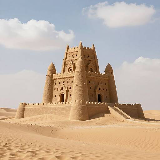 Photograph of an intricate, sandcastle-like, medieval fortress with towers and battlements, set in a vast, sunlit desert with clear blue sky