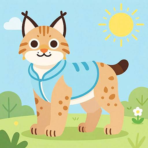 Cartoon-style digital drawing of a cute, smiling, tan lynx with black spots, wearing a light blue hoodie, standing in a sunny, green