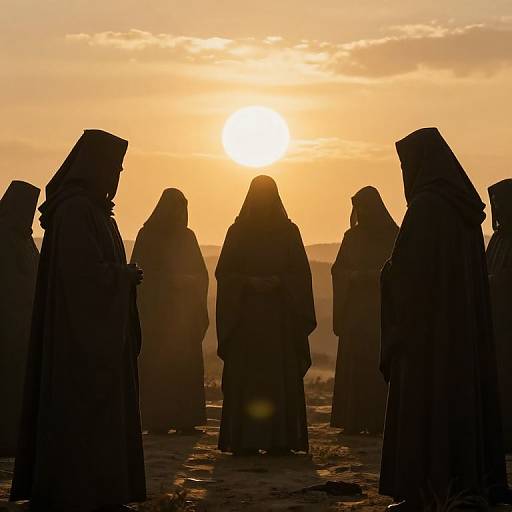 Silhouetted monks in hooded robes stand in a circle at sunset, backlit by a glowing, orange sky, with a distant horizon.