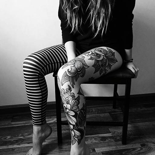 Black-and-white photograph of a person sitting, showing one leg with intricate floral tattoo and the other with striped leggings.