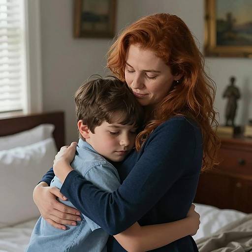 Mother Hugging Son in Cozy Bedroom
