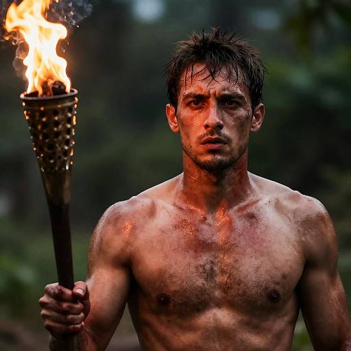 Sweaty Man Holding Lit Torch Outdoors