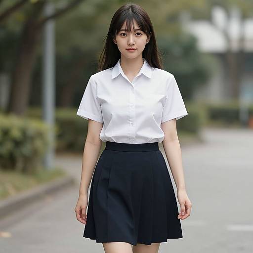 Photograph of an East Asian woman with straight black hair, wearing a white short-sleeve blouse and black high-waist skirt, walking on