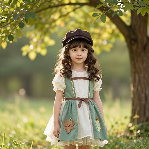 Photograph of a young girl with curly brown hair, wearing a black cap, green dress with embroidered deer, and white blouse, standing in a sun