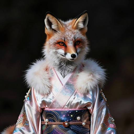 Moon Fox Spirit in Embroidered Kimono