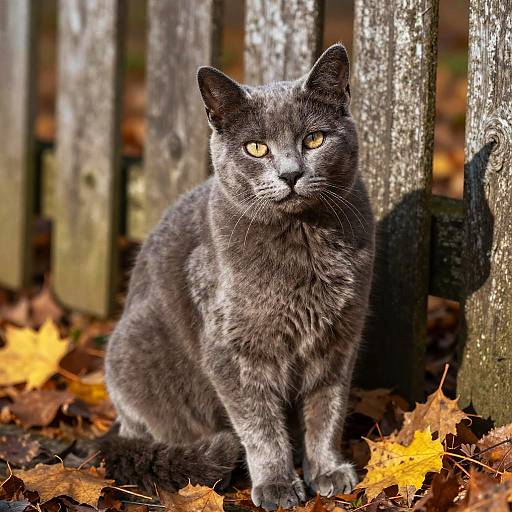 Photograph of a gray cat with yellow eyes sitting on autumn leaves in front of a wooden fence, surrounded by fallen yellow and brown leaves.