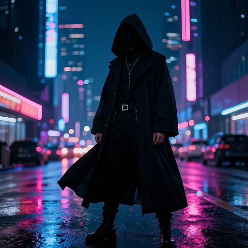 Neon-lit, rainy urban night scene: hooded figure in black cloak, silhouetted, holding garment, surrounded by vibrant, colorful
