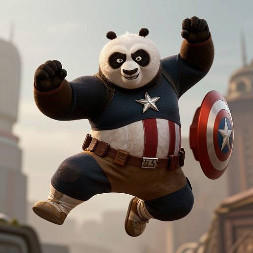 CGI image of a panda superhero, dressed in Captain America's outfit, mid-jump with a shield, in a cityscape background.