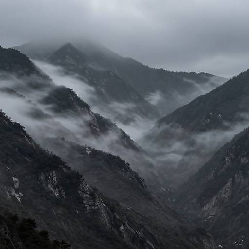 Photograph of mist-covered, dark forested mountains with dense fog rolling through valleys, creating a mysterious, serene, and atmospheric landscape.