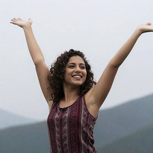 Joyful Woman Against Mountainous Backdrop