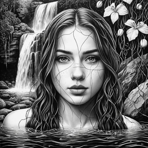 Intricate Waterfall Sketch of a Young Woman