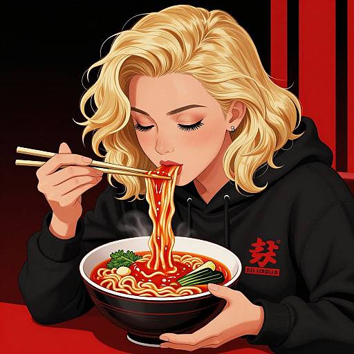 Digital anime-style drawing of a blonde woman with closed eyes, eating noodles with chopsticks, wearing a black hoodie, against a red and black background.